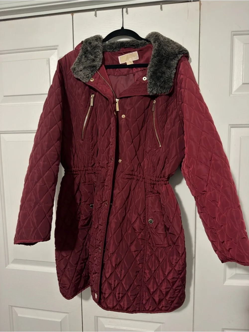 Michael Kors Quilted Trench Coat with Faux Fur Collar - Burgundy